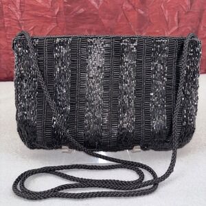 Vintage Andre Cellini Black Bugle Beaded Evening Bag Corded Shoulder Strap EUC